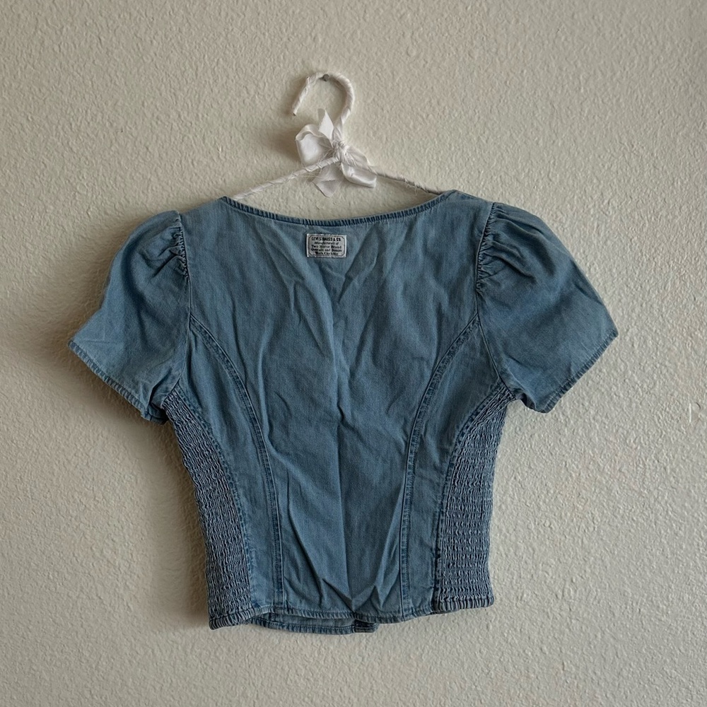 Levi's Light Wash Denim Square Neck Puff Sleeve Top - Picture 2 of 3